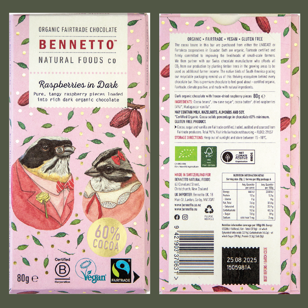 BENNETTO Organic Raspberries in Dark Chocolate 80g